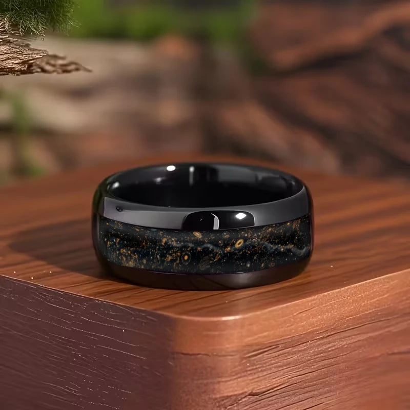 Starry Night Meteorite Inlay Wedding Band Steel Ring for Men - Multiple Sizes