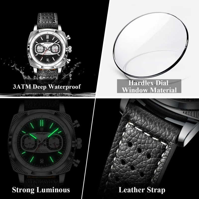 Men's Quartz Chronograph Waterproof Leather Wristwatch - Luminous Sport Watch