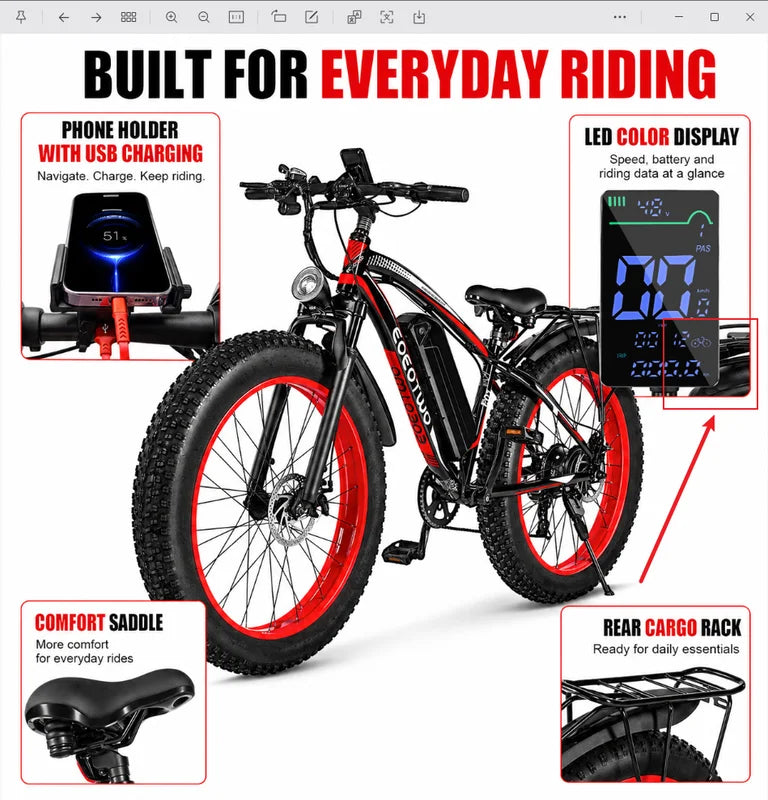 Electric Mountain Bike 1500W 34 MPH 60-Mile Range Fat Tire Off-Road E-Bike