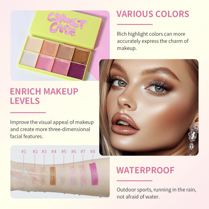 8 Colors Cream Highlighter Palette for Face Makeup, Blush & Contouring