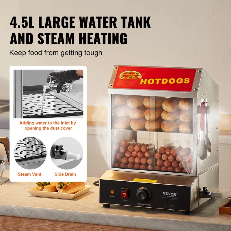 Stainless Steel Hot Dog Steamer with Temperature Control 27/37L Dual Tiers