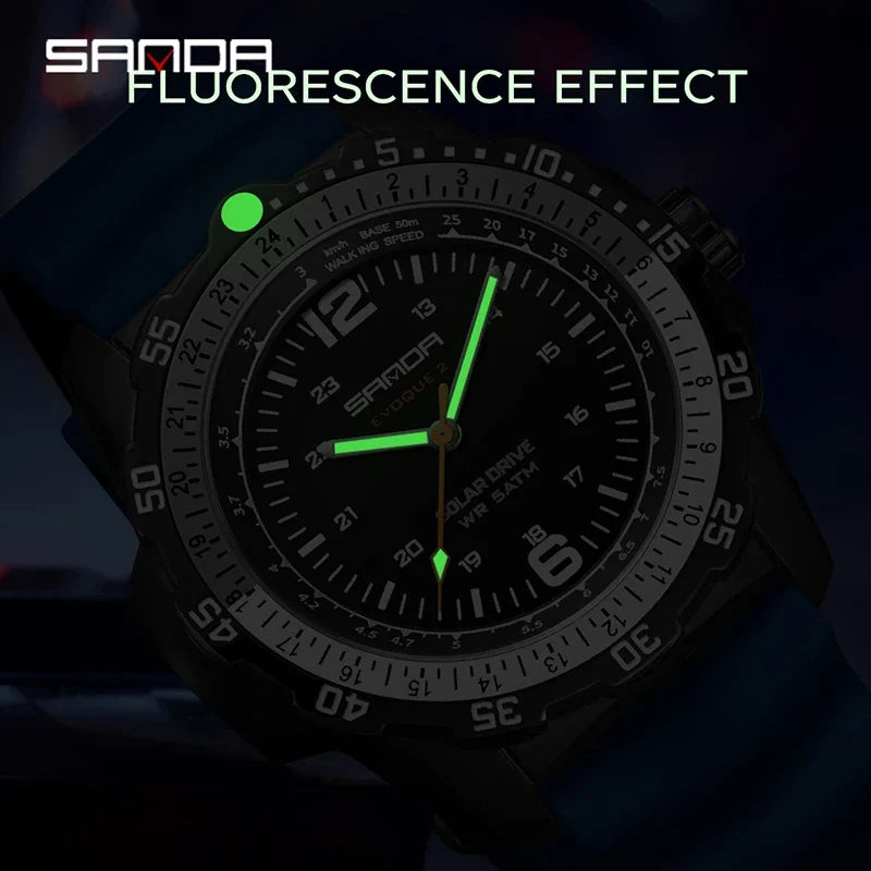 Luxury Men's Solar-Powered Watch with Luminous Hands Waterproof Sport Wristwatch