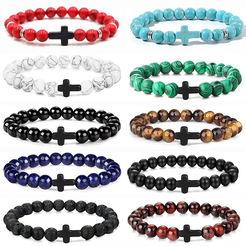 Unisex Natural Stone Beaded Prayer & Meditation Bracelet with Cross