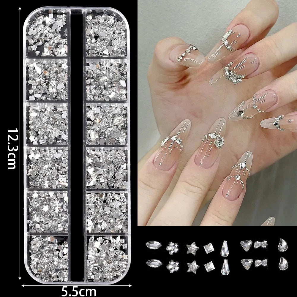Mini Nail Art Rhinestone Decorations 12-Grid Dazzling Crystal Gems for Manicure