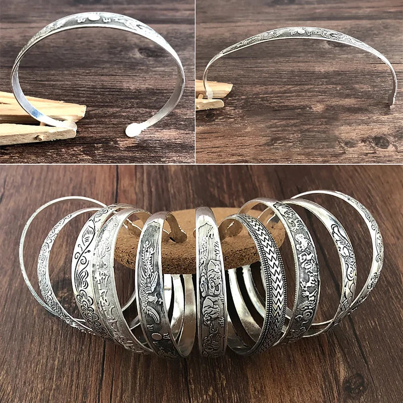 Vintage Tibetan Silver Cuff Bracelets with Carved Fish Elephant and Flower Designs - Gypsy Jewelry for Women