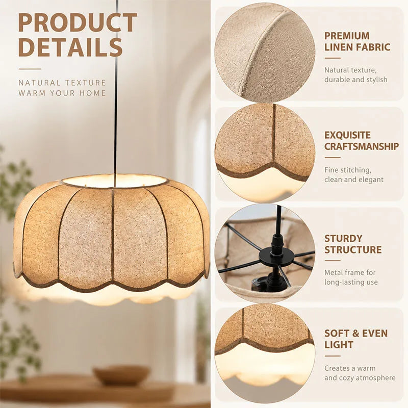 Wabi Sabi Linen Pendant Light Flower Wavy Fabric Hanging Lamp Adjustable Chandelier