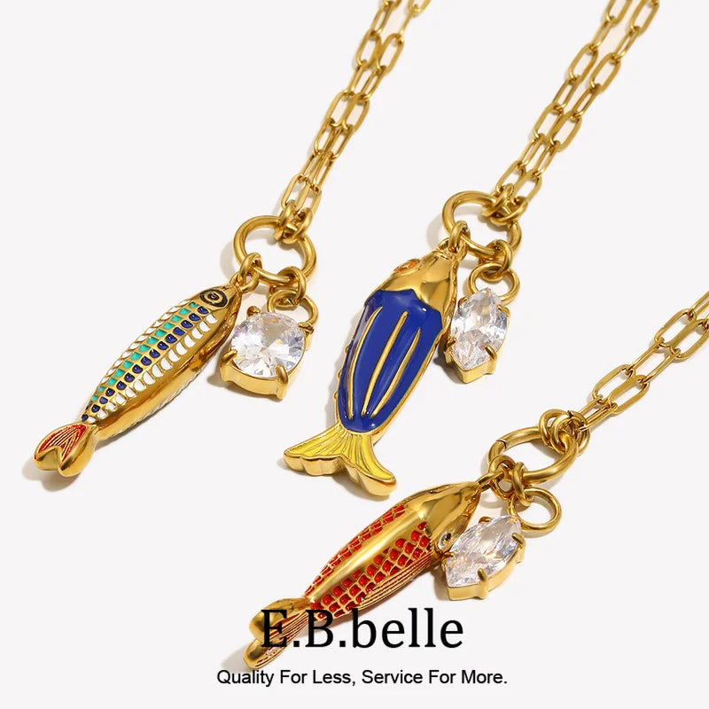 Vintage Fish Pendant Necklace Zircon Oil Drop Charm Jewelry Tarnish-Free