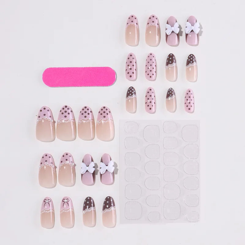 24Pcs Pink Brown Polka Dot Lace False Nails with Bow & Pearl - Manicure Tips