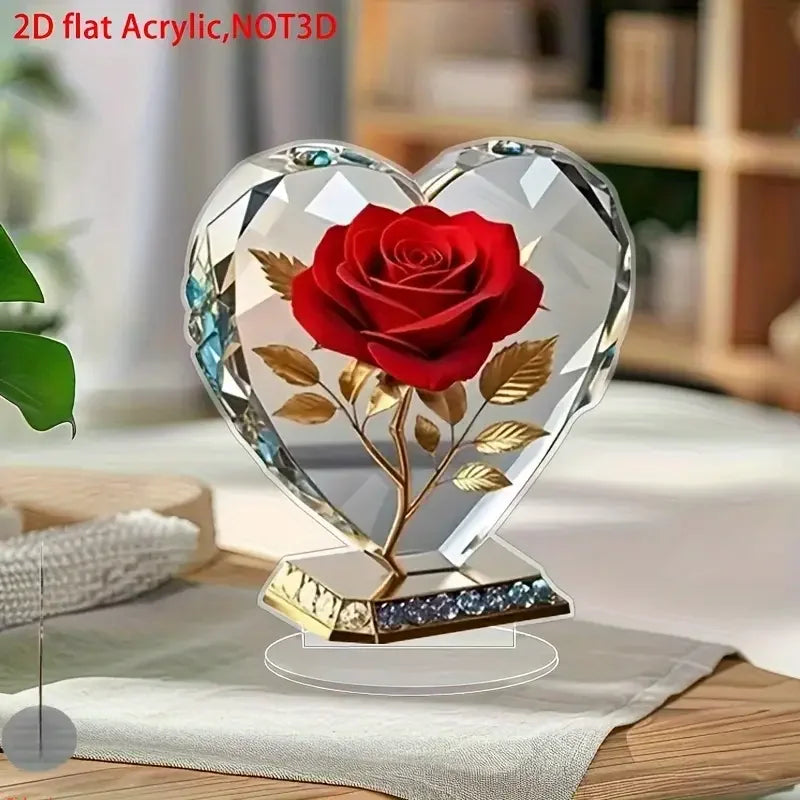 Heart-Shaped Rose Acrylic Desktop Sculpture - Elegant Office & Home Decor