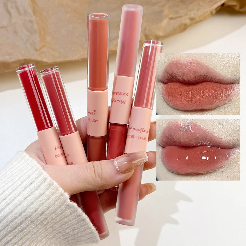 Double End Lip Gloss with Mirror & Velvet Matte Finish - Long Lasting Moisturizing Lip Makeup