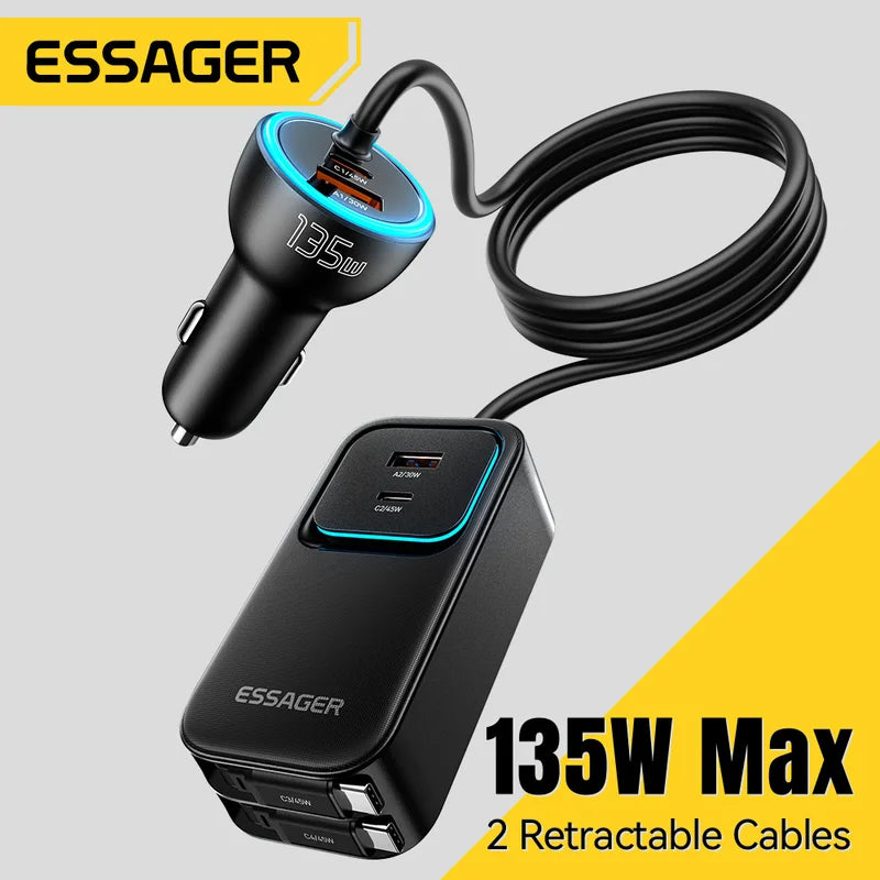 Dual Retractable Car Charger Cable 135W Fast Charging for iPhone, Samsung, Huawei, Laptop
