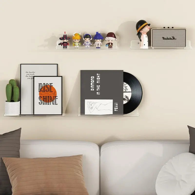Floating Wall Shelves Set - Acrylic Display Shelves for Books, Decor, Figures, Bathroom & Bedroom
