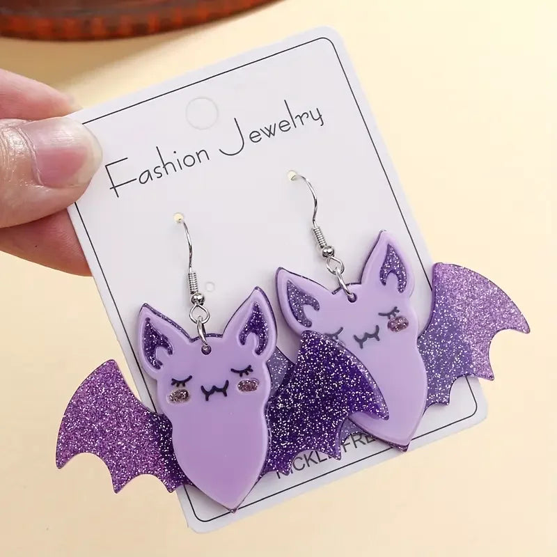 Halloween Bat Earrings - Glittery Acrylic Sequin Studs, Spliced Design, Multiple Colors