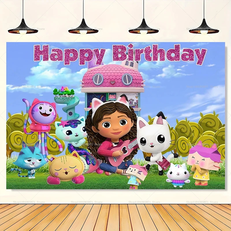 Cartoon Gabby Dollhouse Photo Backdrop for Birthday Party & Baby Shower Decor