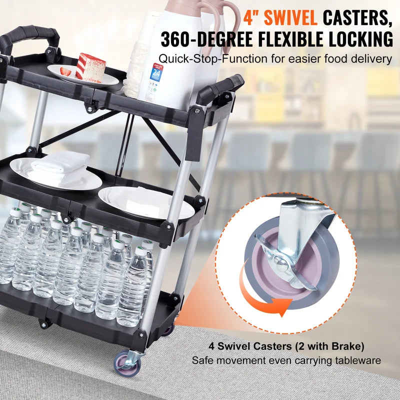 3-Tier Folding Utility Cart with Lockable Swivel Wheels - Portable Storage Shelf