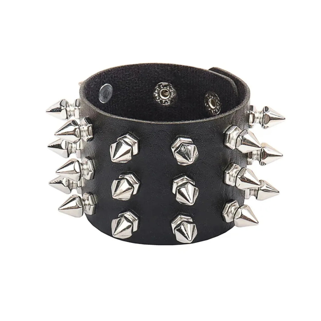 Goth Leather Wristband for Men Women - Spike Studded Adjustable Cuff Bracelet