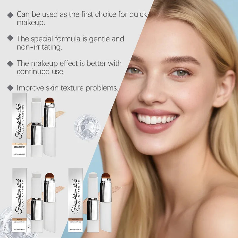 2-in-1 Color-Changing Foundation Stick with Brush - Lightweight, Long-Lasting, Natural Finish
