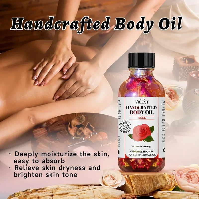 Handcrafted Rose Body Oil - 120ml Natural Hydrating Oil for Dry Skin