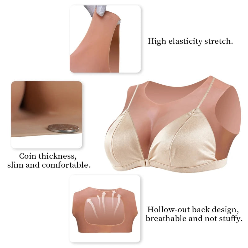 Breathable Realistic Fake Breasts for Cosplay & Transgender, Low-Cut Back