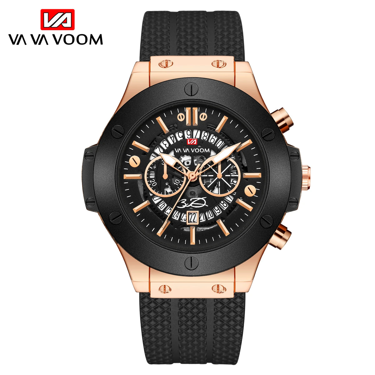 Men's Large Silicone Sport Watch 46mm Hollow Dial Rose Gold Military Style Quartz