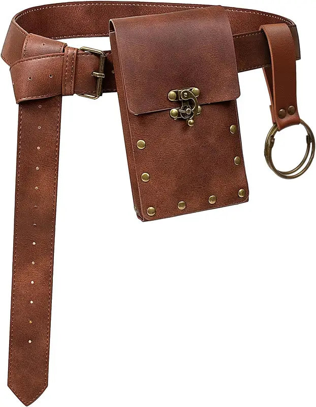 Medieval Cosplay Leather Belt Set with Copper Coin Waist Bag - Multiple Colors