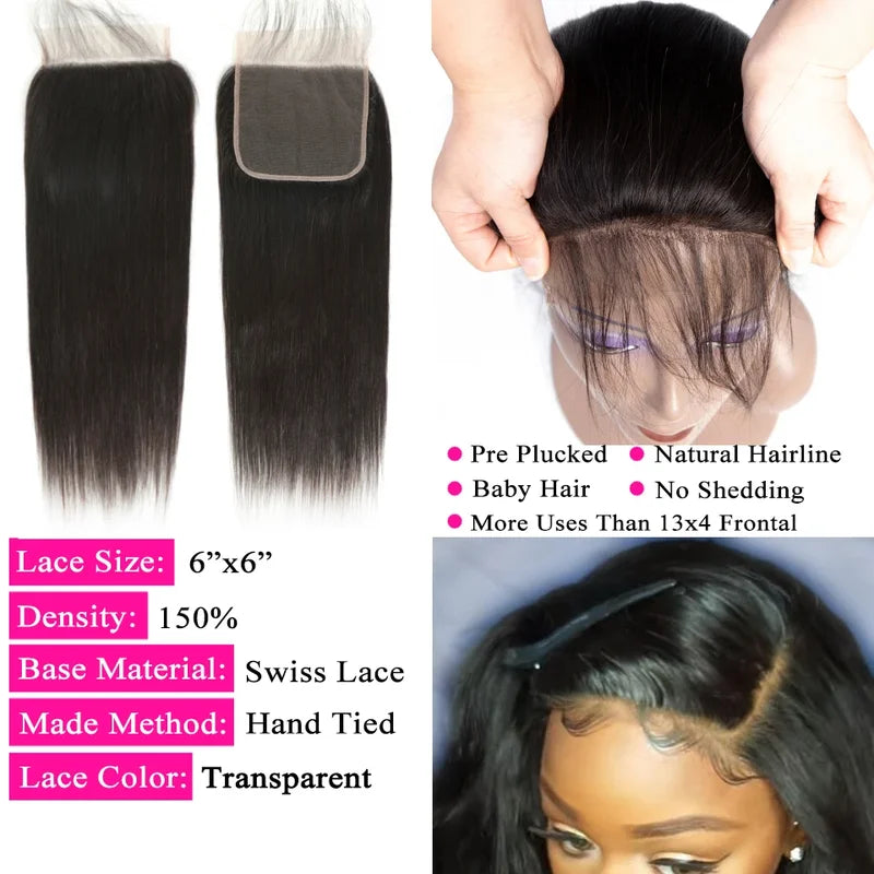 Brazilian Human Hair Bundles with Lace Closure - Straight 20-40 Inch Multiple Sizes