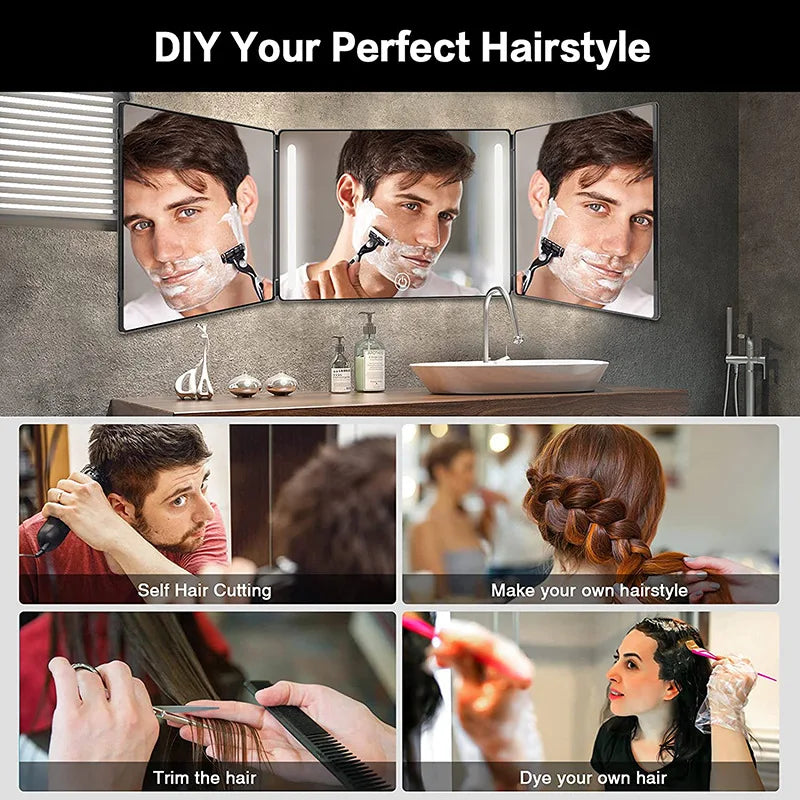 3-Way LED Trifold Mirror with Lighting for Haircut and Styling - 360° View