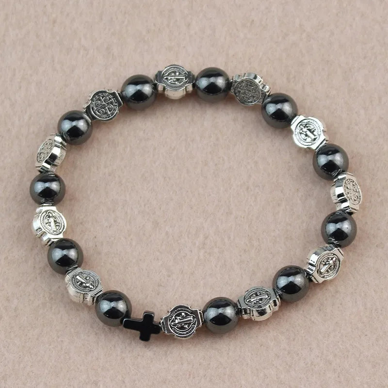 Catholic Rosary Bracelet with St. Benedict Medal Cross Prayer Jewelry Hematite Beads