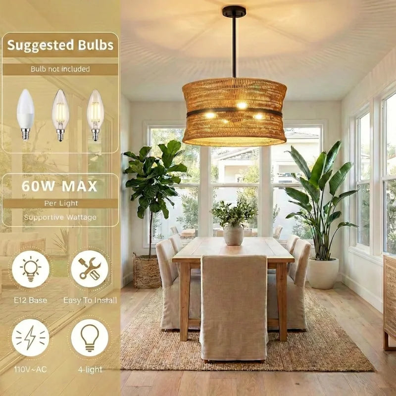 Wicker Boho Chandelier - 4-Light Rattan Pendant Light for Dining & Living