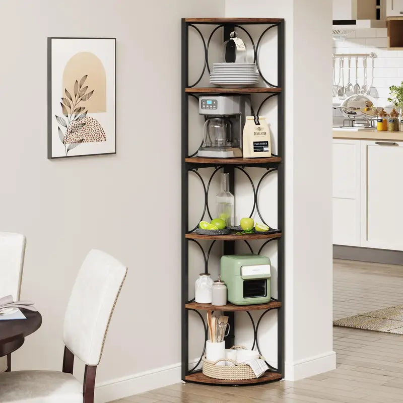 67 Inch Corner Shelf Unit with 6 Shelves - Rustic Standing Bookcase Storage Rack