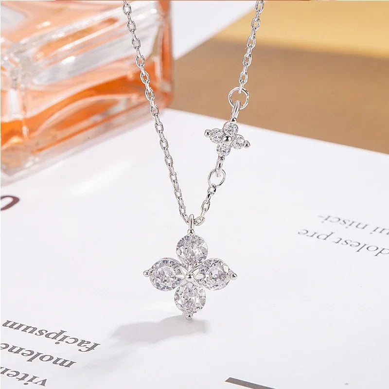 925 Silver Plated Lucky CZ Necklace for Women Dainty Clover Pendant Jewelry