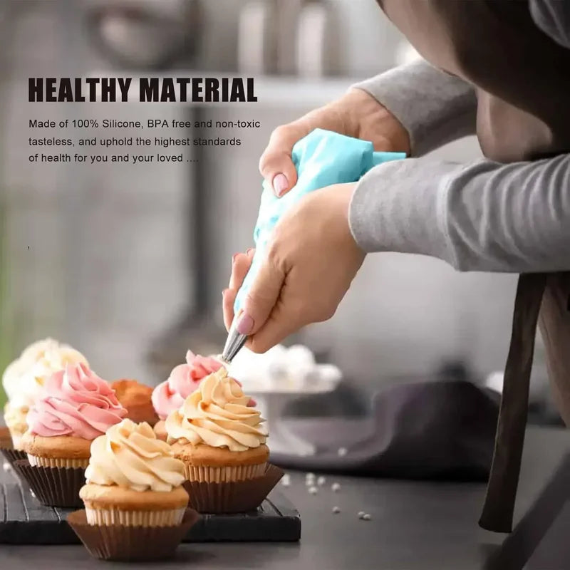 Reusable Cake Decorating Piping Set with Stainless Steel Tips & Silicone Pastry Bags