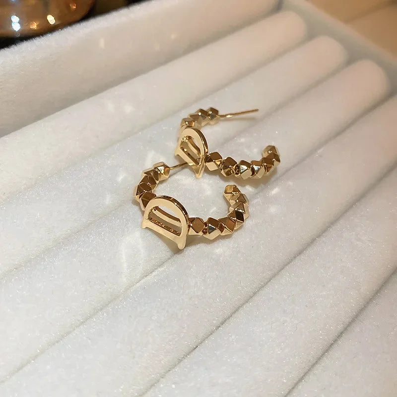 Gold Alloy Beaded Hoop Earrings for Women Geometric Statement Jewelry