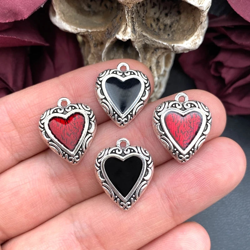 10pcs Enamel Heart Charm Pendants for Jewelry Making - Red & Black Vintage Style