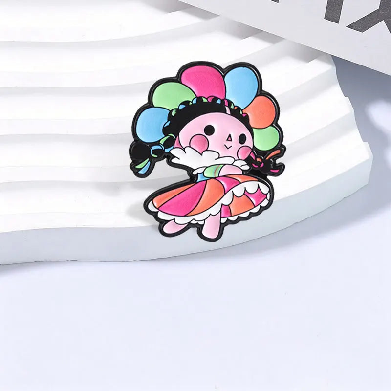 Mexican Lele Doll Brooch Enamel Pin with Floral Crown Rainbow Skirt Cute Jewelry