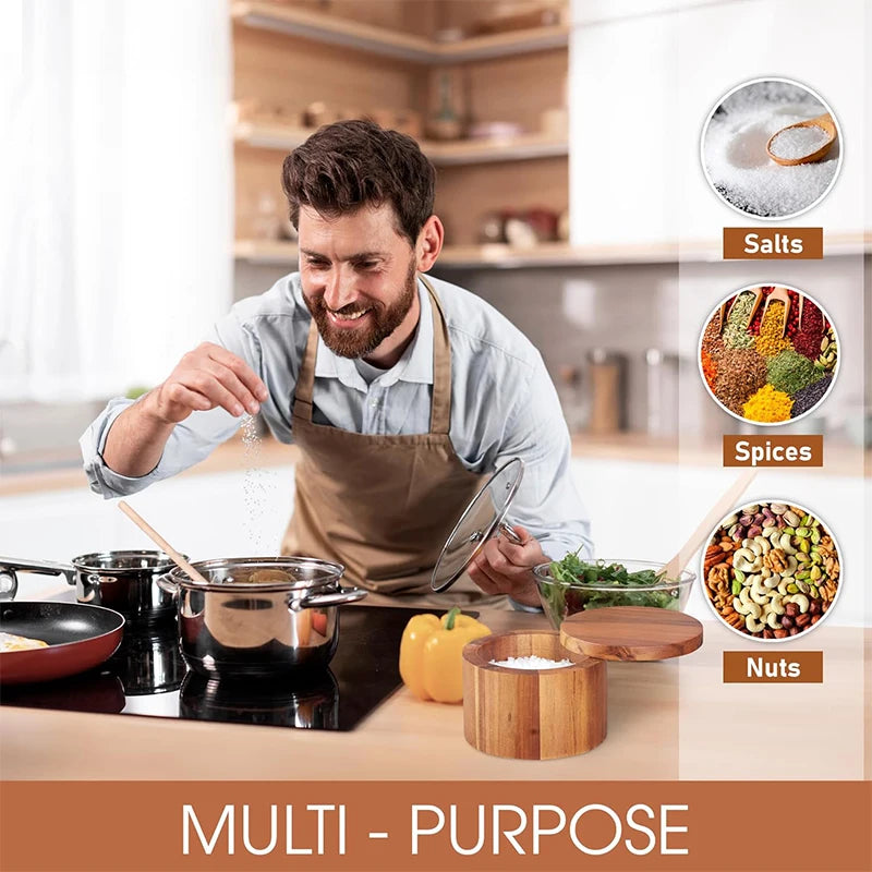 Acacia Wood Salt and Pepper Bowl Set with 360° Swivel Lid and Spoon - Kitchen Seasoning Container
