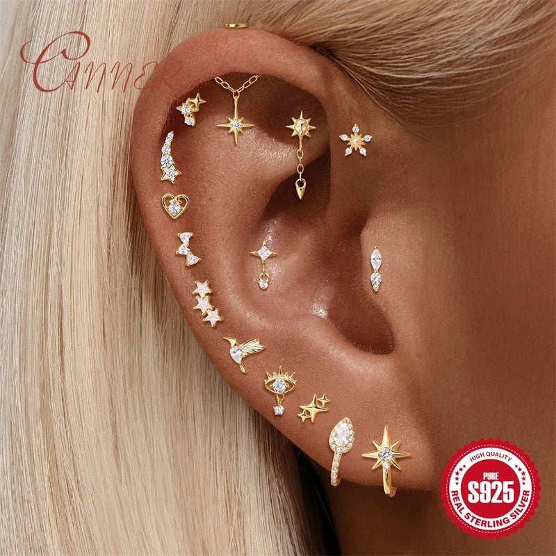Dainty Star & Heart Chain Earrings for Women – Sterling Silver Piercing Jewelry