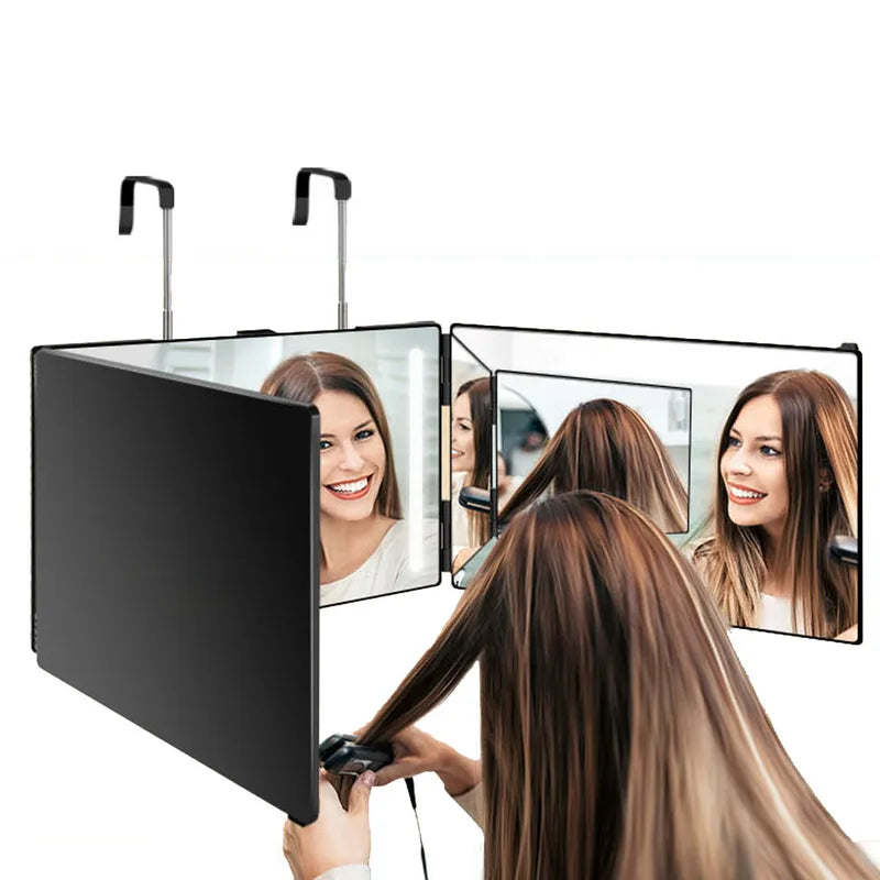 3-Way LED Trifold Mirror with Lighting for Haircut and Styling - 360° View