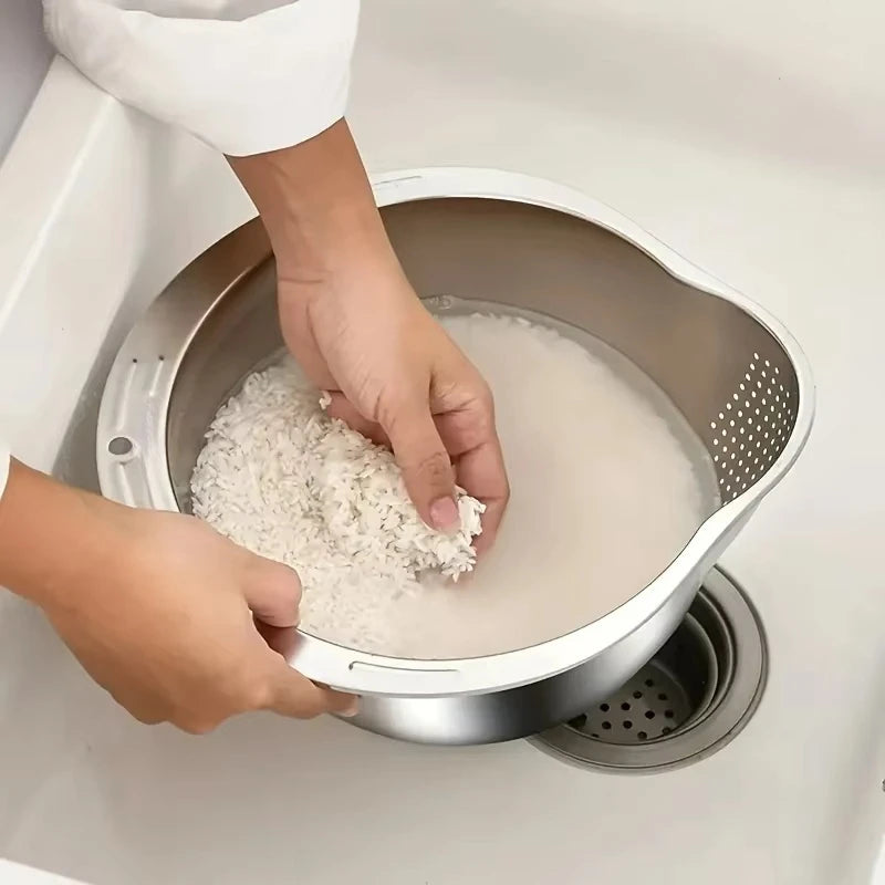 Stainless Steel Rice Washer Strainer Bowl Kitchen Sieve & Colander