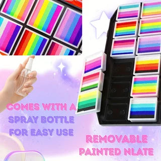 12-Color Rainbow Face & Body Paint Palette with Reusable PVC Stencils - Water-Based Creative Makeup Kit