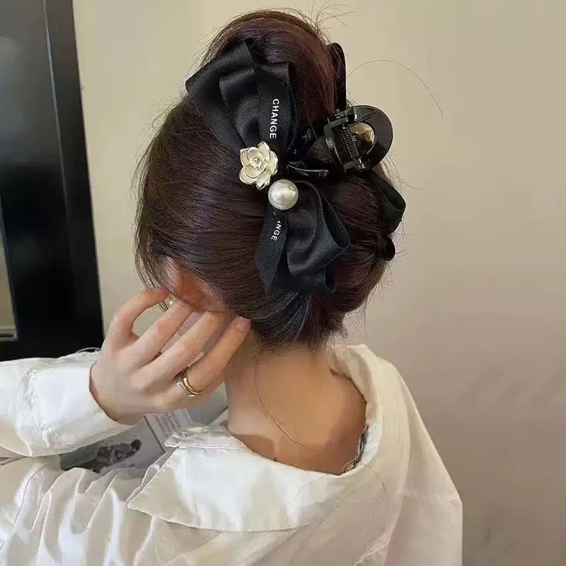 Pearl Camellia Bow Hair Clip for Women - Hair Fixing & Bun Styling