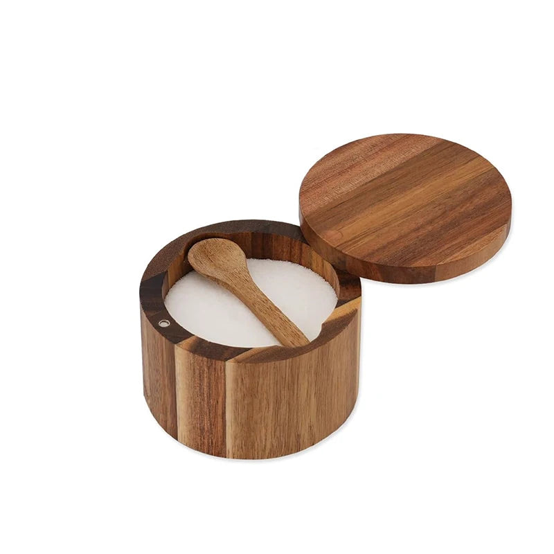Acacia Wood Salt and Pepper Bowl Set with 360° Swivel Lid and Spoon - Kitchen Seasoning Container