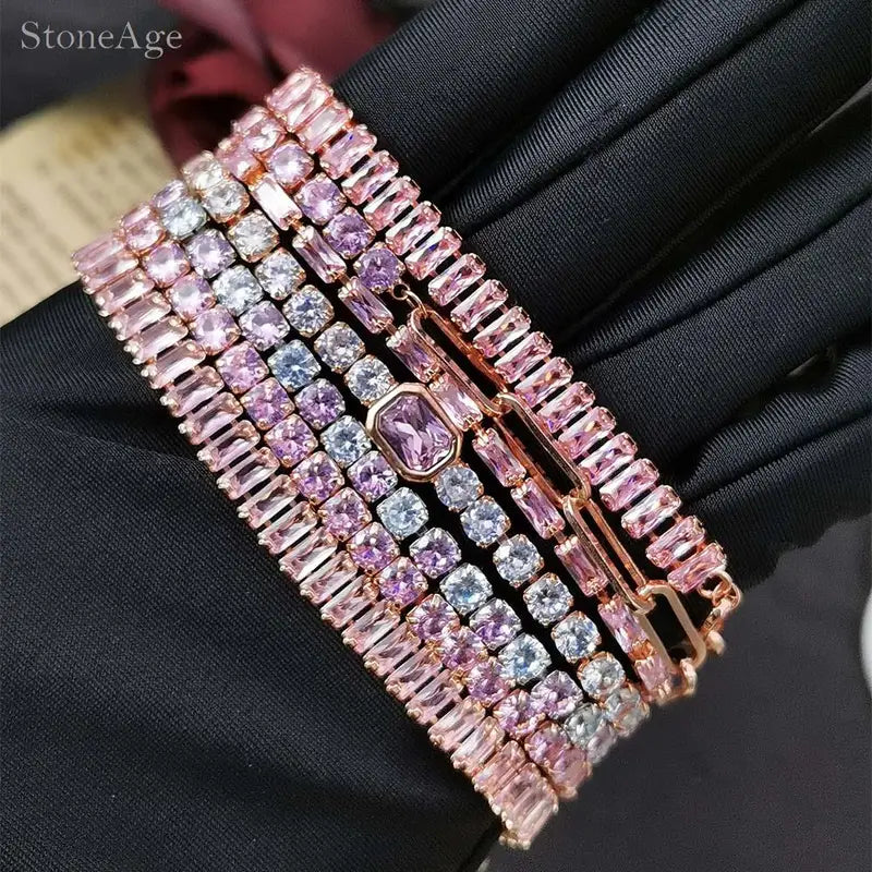 Pink Crystal Tennis Bracelets for Women - Adjustable Chain Jewelry