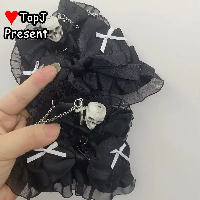 Gothic Lolita Punk Halloween Cosplay Hair Accessories Top Hat with Skull Bow Clips - Handmade