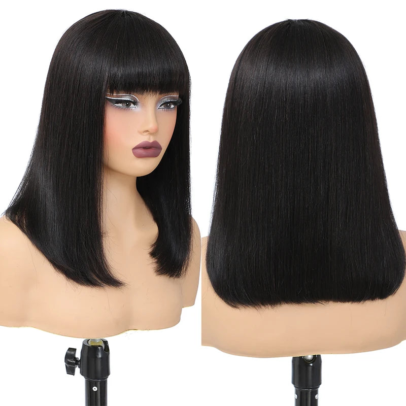 Short Bob Wig with Bangs - Human Hair, Straight, 180% Density for Women