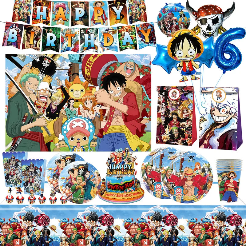 One Piece Birthday Party Decor Set with Plates Banner Balloons Cake Topper