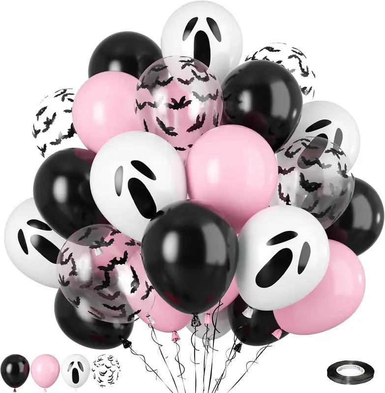 Halloween Balloons Pack - Pink Ghost, Bat Confetti, Latex Decorations for Party