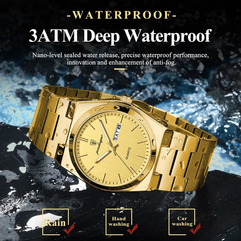 Men's Waterproof Luminous Watch with Date and Week Display - Stainless Steel Quartz Business Watch