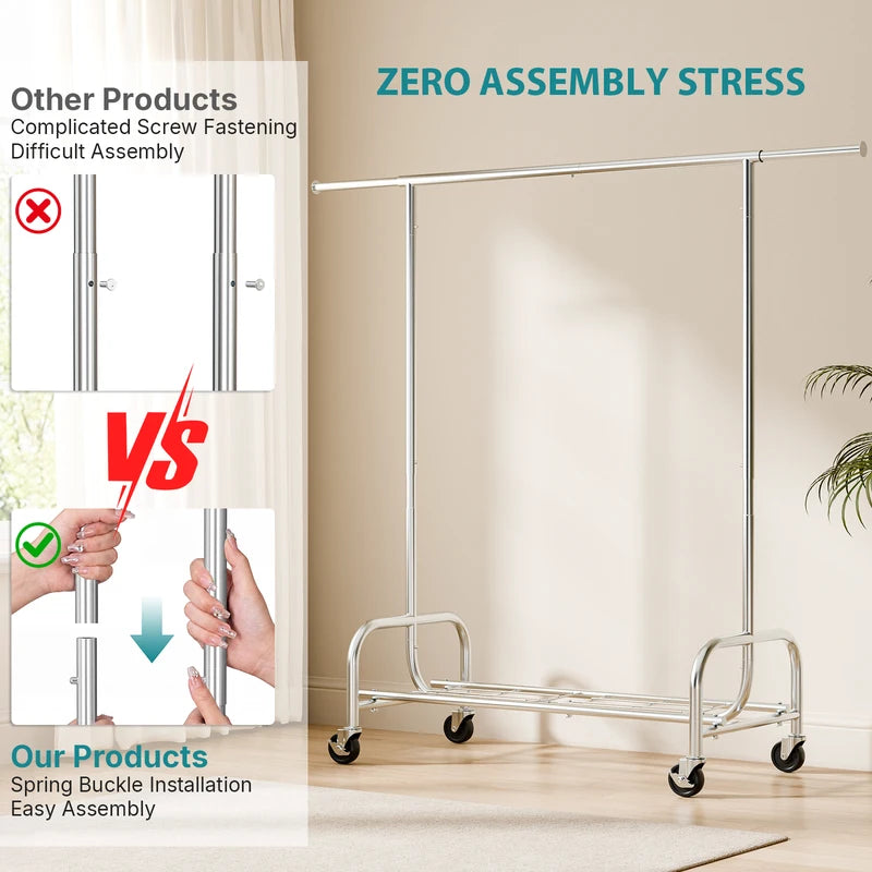 Heavy Duty Clothes Rack with Wheels and Adjustable Top Hanging Rod - Entryway Storage Organizer for Home