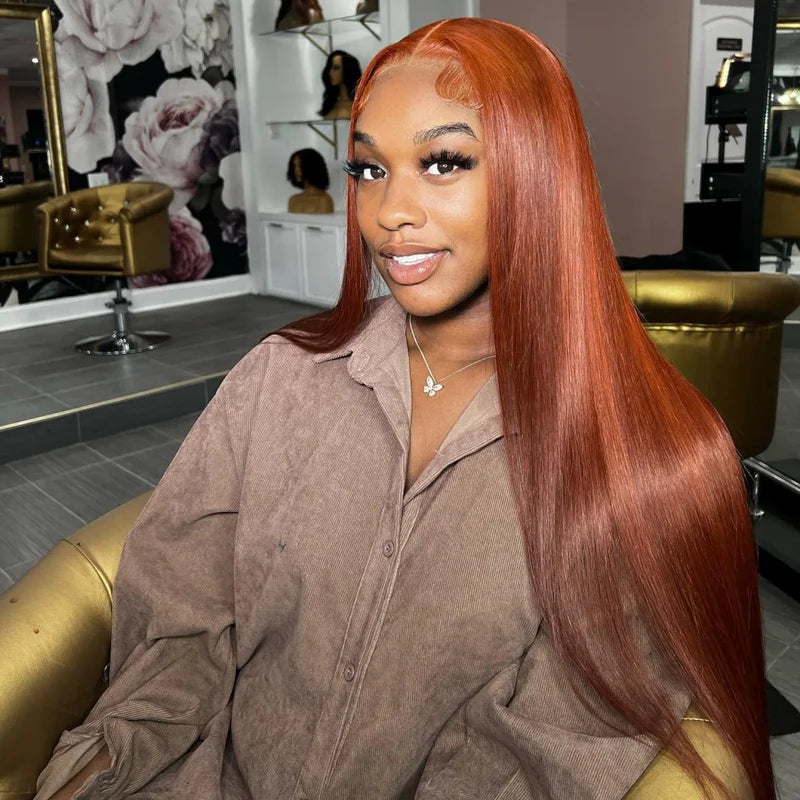 Long 34 Inch Ginger Orange HD Transparent Lace Frontal Wig Brazilian Bone Straight Pre Plucked With Baby Hair